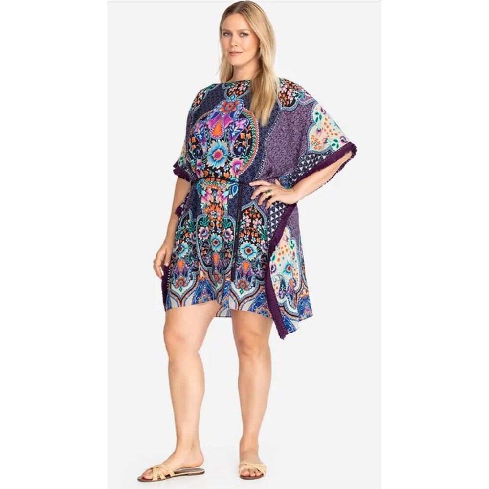 Johnny Was Saba Tunic Dress Coverup Purple Floral Fringe Kaftan Boho Chic size L